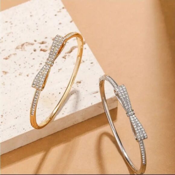 Gold Diamond Bow Bangle Bracelet - Picture 2 of 3